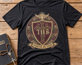 Fortis in Fide Catholic T-Shirt | IHS Shield Christian Tee, Holy Spirit Dove Shirt, Strong in Faith Gift, Traditional Religious Graphic