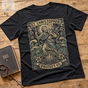 St. Christopher Protect Us Shirt – Katholisches T-Shirt mit Heiligenmotiv, weiche Baumwolle, Unisex-Passform, kostenloser Versand in die USA