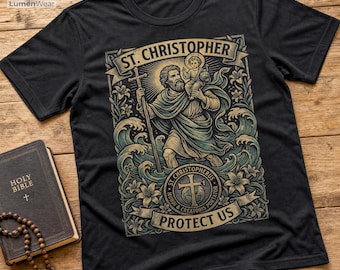 St Christopher Protect Us Shirt Catholic Saint Graphic Tee Soft Cotton Unisex Fit, USA free delivery