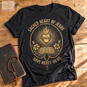 T-Shirt mit Herz-Jesu-Motiv, katholisches Rosenkranz-Motiv, Vintage-Design, Geschenk für Christen