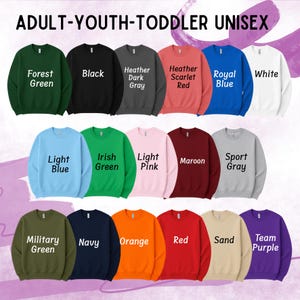 Op de afbeelding: Een collectie unisex sweatshirts in verschillende kleuren, waaronder bosgroen, zwart en heidegrijs. Elke sweatshirt heeft een ronde hals en lange mouwen. De afbeelding toont ook sweatshirts in lichtblauw, Iers groen en lichtroze. De tekst "ADULT-YOUTH-TODDLER UNISEX" staat bovenaan.