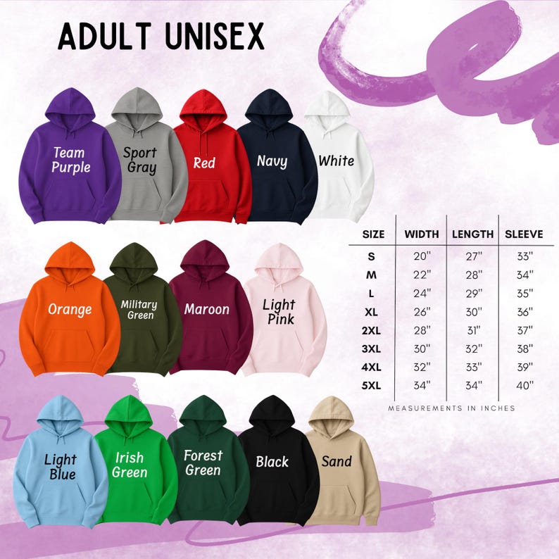 Op de afbeelding: Een verscheidenheid aan unisex hoodies in verschillende kleuren, waaronder paars, grijs, rood, marineblauw, wit, oranje, legergroen, kastanjebruin, lichtroze, lichtblauw, Iers groen, bosgroen, zwart en zand. Maattabel in inches.
