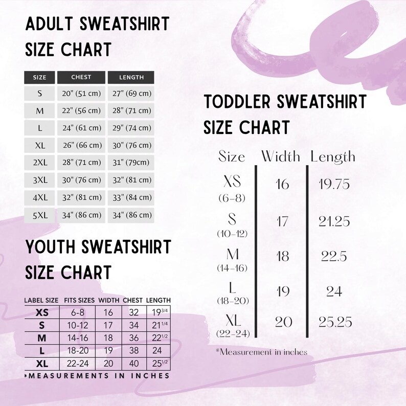 Op de afbeelding: Maattabellen voor sweatshirts voor volwassenen, peuters en jongeren. De volwassenentabel bevat maten S tot 5XL, met borstmaten van 51 cm tot 86 cm. De jeugdtabel bevat maten XS tot XL. De peutertabel bevat maten XS tot XL.
