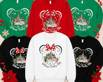 May include: A collection of crewneck sweatshirts in various colors, each featuring a Minnie Mouse head design with a bow. The design includes the text "2025 Christmas Disney Family Trip" and family member names.