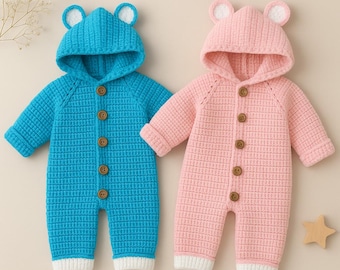 Unisex Baby Bär Kapuzen Romper Häkelanleitung - PDF- Jumpsuit Neugeborene Digitaler Download Pattern