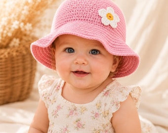 Patrón de gorro de cubo a crochet con flor, patrón de gorro de sol para bebé en PDF, tutorial de gorro de verano fácil, tallas para niños y adultos, artículos de Pascua.