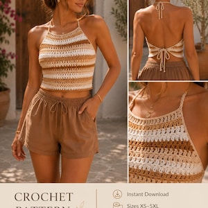 Puede incluir: Un top halter de ganchillo con rayas horizontales en tonos blanco, beige y marrón, combinado con pantalones cortos marrones con cordón. El texto CROCHET PATTERN PDF, Instant Download, Sizes XS-5XL, Step-by-Step Instructions, Digital Pattern Only.