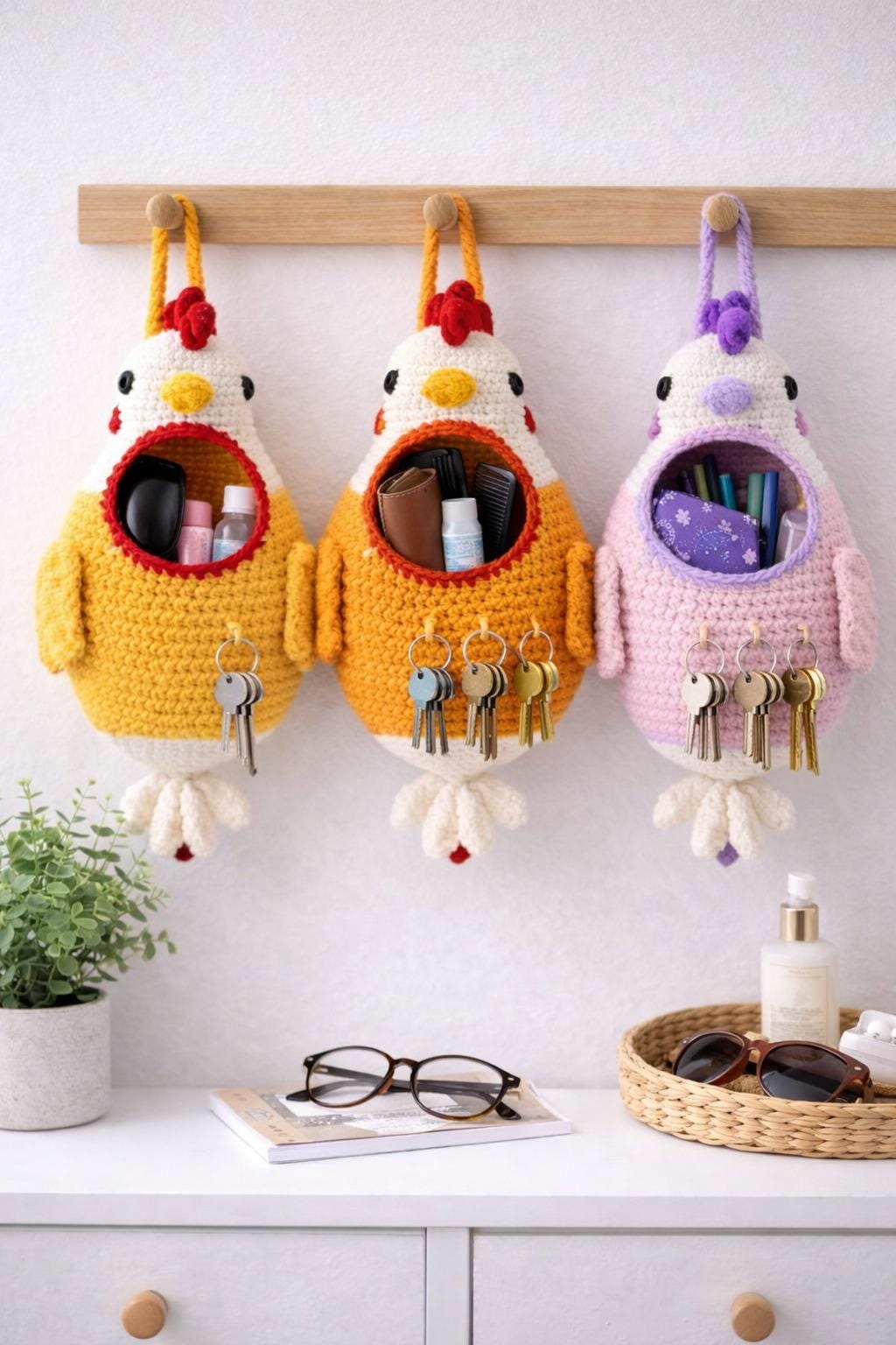 Chicken Key Rack Crochet Chicken Hanging Pouch & Keyholder Pattern PDF | Cute Wall ...