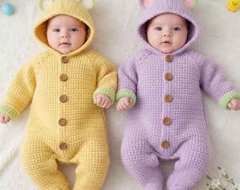 Virkmönster för nyfödd baby med björnhuva och sparkdräkt till påsk - PDF - Digitalt nedladdningsbart mönster för nyfödd babyjumpsuit - Storlek 0-3 månader