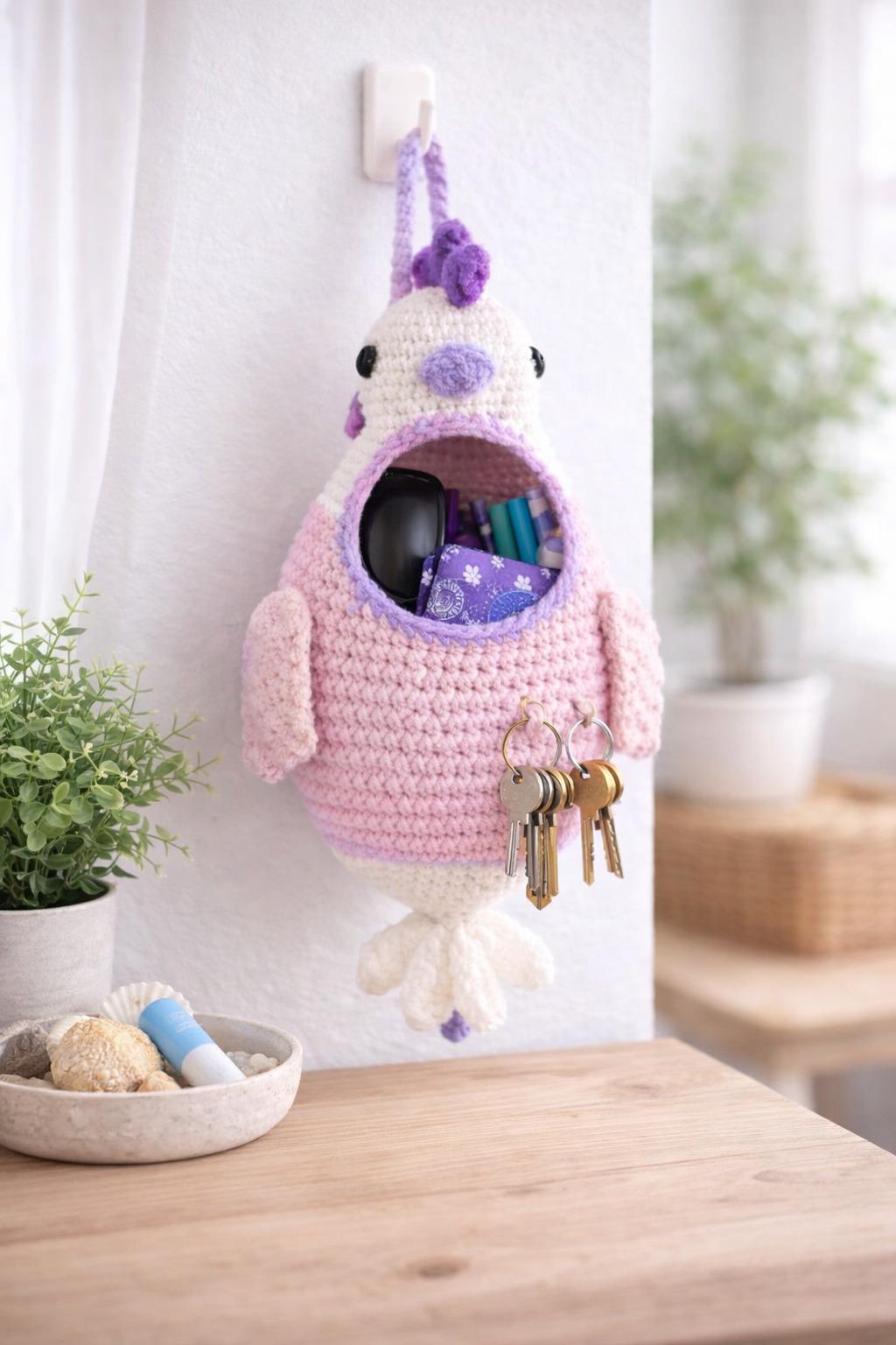 Chicken Key Rack Crochet Chicken Hanging Pouch & Keyholder Pattern PDF | Cute Wall ...