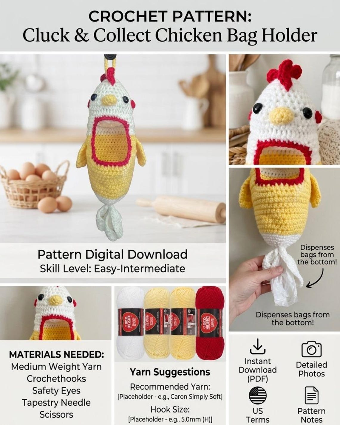 Chicken Key Rack Chicken Hanging Pouch & Keyholder Pattern PDF | Easter Wall Organizer ...