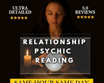 May include: An image featuring a woman looking at a glowing crystal ball. The text on the image reads "RELATIONSHIP PSYCHIC READING" and "SAME HOUR SAME DAY". A lit candle is to the left of the crystal ball. The image also displays "5.0 REVIEWS" and "ULTRA DETAILED".