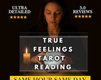May include: An image with the text "TRUE FEELINGS TAROT READING" and "SAME HOUR SAME DAY". A woman is looking at a crystal ball. A lit candle is on the left. The image has a dark background with gold stars and text.