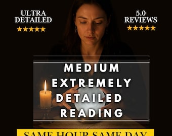 Może przedstawiać: Obraz kobiety patrzącej na świecącą kryształową kulę. Tekst na obrazie brzmi "Medium Extremely Detailed Reading" i "Same Hour Same Day". Zapalona świeca znajduje się na pierwszym planie.