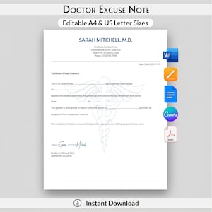 Doctor Excuse Notes | Doctor Excuse for Work | Doctor Excuse Template | Doctor Note For Work | Doctor Notes | Doctor Excuse Editable