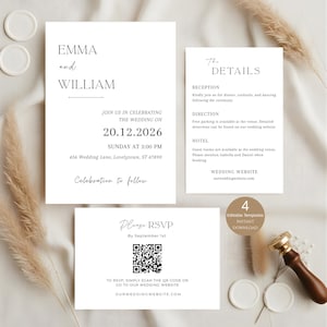 Minimalist Wedding Invitation Template: Modern Elegant Editable Invites Suite With QR Code (Instant Download)