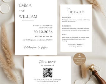 Minimalist Wedding Invitation Template: Modern Elegant Editable Invites Suite With QR Code (Instant Download)