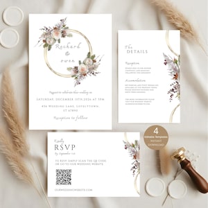 Plantilla de invitación de boda de otoño / Conjunto de invitación rústica en terracota / Invitación bohemia en tono óxido con código QR editable y RSVP / Descarga instantánea
