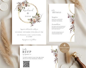 Fall Wedding Invitation Template | Rustic Terracotta Invite Suite  | Boho Rust Invite With Editable QR Code RSVP | Instant Download