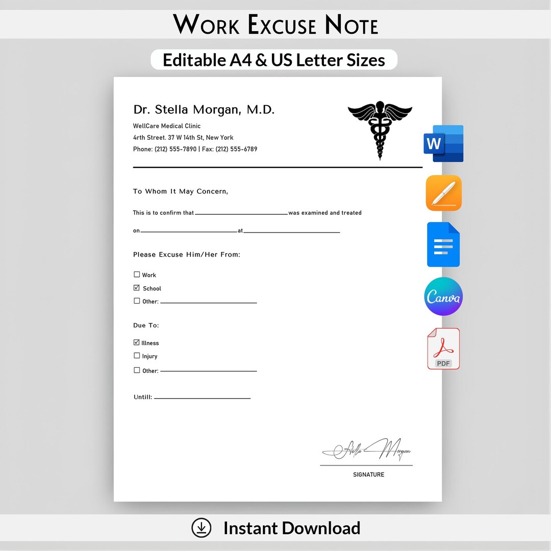 Editable Doctor Excuse Note Template | Urgent Care Excuse Letter ...