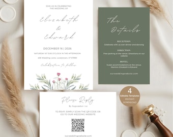 Floral Wedding Invitation Templates, Boho Wedding Invitation Template Suite, Garden Flowers Wedding Invite with QR Code (Digital Download)