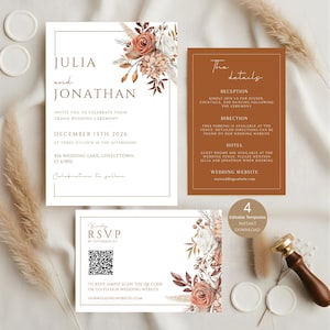 Invitaciones de boda de otoño, invitaciones de boda en terracota, invitaciones de boda bohemias, invitaciones naranja quemadas, conjunto de boda rústica