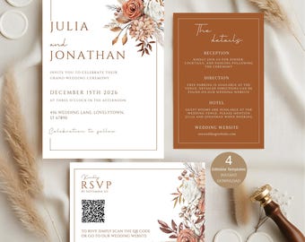Fall Wedding Invitation Set, Wedding Invite Suit, Terracotta Wedding Invites, Boho Wedding Invite, Burnt Orange Invite, Rustic Wedding Set