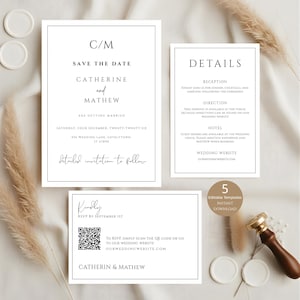 Minimalistyczne zaproszenie na ślub, Eleganckie zaproszenie na ślub, Nowoczesne zaproszenie na ślub, Proste zaproszenie na ślub, Szablon zaproszenia na ślub, Zaproszenia ślubne z kodem QR