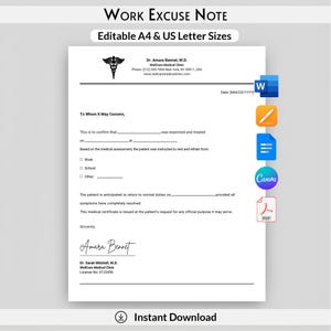 Doctor Excuse Note | Doctor Excuse for Work | Editable Doctor Excuse Template | Doctor Notes (Word, Pages, google Doc, Canva, PDF)