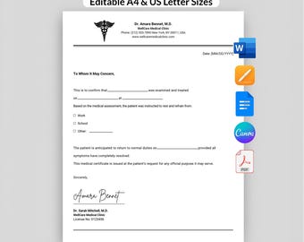 Doctor Excuse Note | Doctor Excuse for Work | Editable Doctor Excuse Template | Doctor Notes (Word, Pages, google Doc, Canva, PDF)