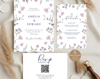 Wildflower Wedding Invitation Template, Printable Wedding Invitation, Boho Wedding Invitation, Floral Wedding Invite Instant Download