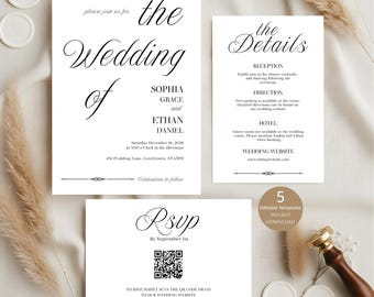 Editable Wedding Invitation Template, Wedding Invite Bundle, Modern Invites Instant Download, Minimalist Printable Invites With QR Code RSVP