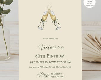 Champagne Coupe Birthday Invitation: Black Bow, Minimalist Birthyday Party Invite (Digital Download, Editable Canva Template)