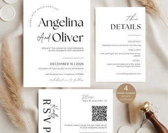 Minimalist Wedding Invitation Template | Editable Canva Suite with QR RSVP (Printable Digital) | Black And White Wedding Invite Suite