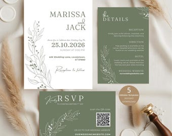 Sage Green Wedding Invites, Botanical Wed Invite, Minimalistic Wedding Invites, Editable Wed Invite, Green Wed Invite Instant Download