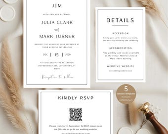 Elegant Wedding Invitation Template Set | Minimalist Wedding Bundle Canva | Wedding Invite Suite With QR Code RSVP | Editable Wedding Invite