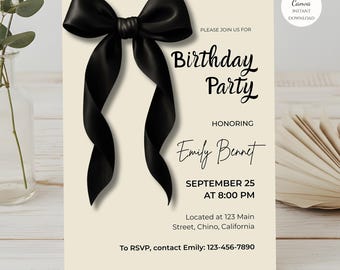 Black Bow Birthday Invitation Template | Elegant Party Invite | Digital Download for Printable and Phone Format (Editable Canva Template)
