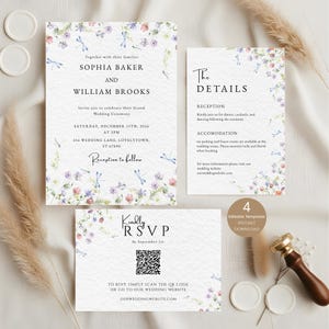 Pressed Flower Wedding Invite, Wildflower Wed Invite, Floral Wedding Invit, Editable Wed Invite, Garden Wed Invite, Canva Wed Invite,Qr Code
