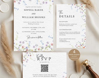 Pressed Flower Wedding Invite, Wildflower Wed Invite, Floral Wedding Invit, Editable Wed Invite, Garden Wed Invite, Canva Wed Invite,Qr Code