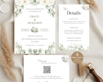 Green Wedding Invitation Template, Printable Ivory Greenery Gold Wedding Invite, Editable Wedding invite With QR Code Instant Download