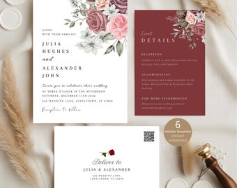Burgundy Flower Wed, Fall Wedding Invite, Marsala Blush Invite, Wedding Invit Set, Editable Wed Invite, Wedding Invite RSVP QR Code