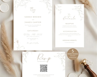 Modern Wedding Invitation Template | Instant Download Boho Wedding Invites | Floral Wedding Invitation Printable Template | Elegant Invites