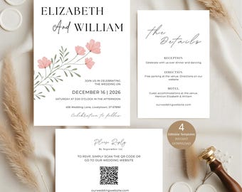Floral Wedding Invitation Template With QR Code RSVP | Printable Wedding Invite Suite | Editable Wedding Invitation Instant Download