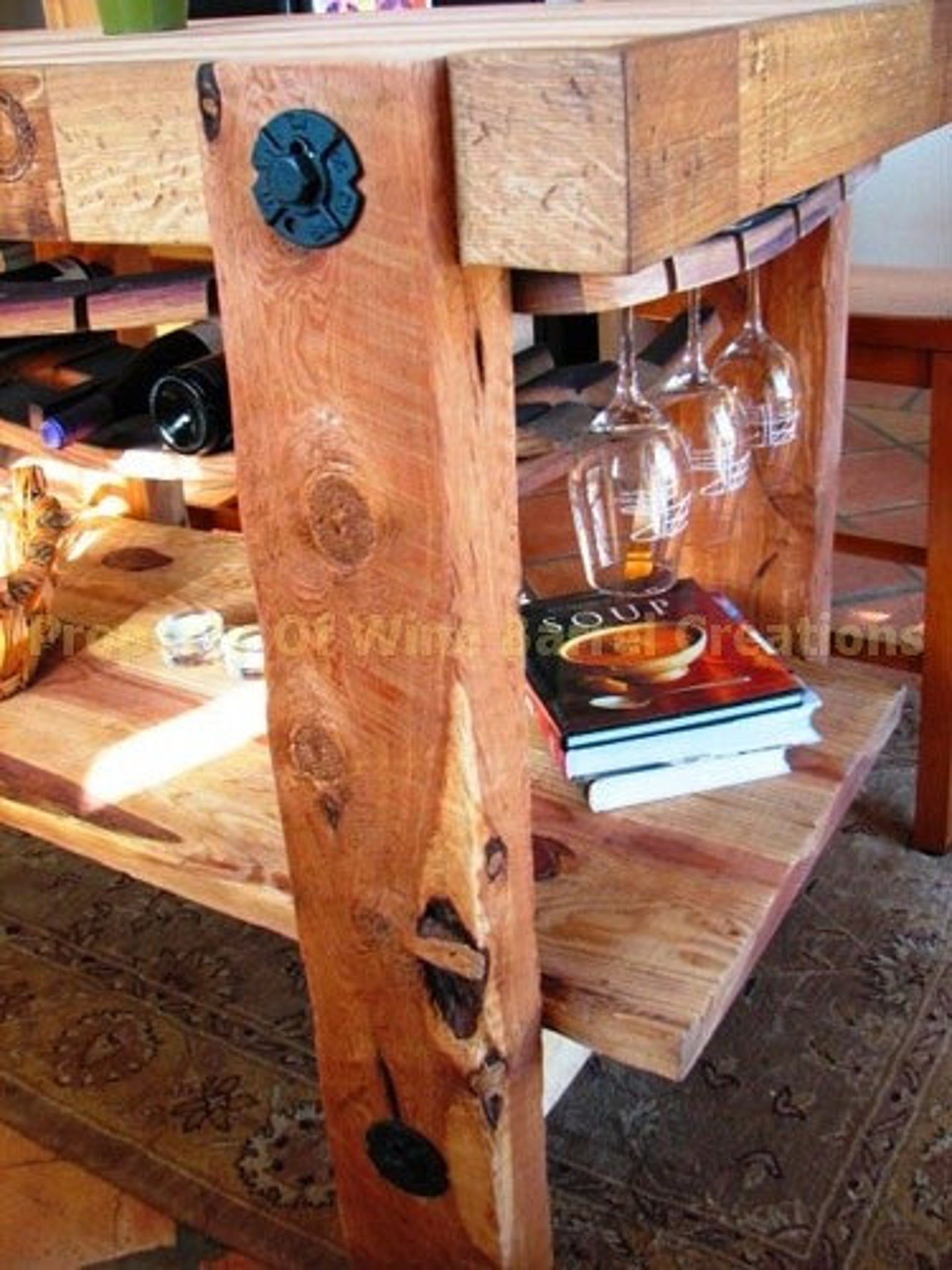 Butcher Block Center Island W/ Shelf Wine Bottle & Wine Glass Etsy
