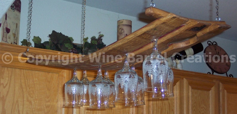 Hanging Glass Rack Stemware Rack Made From Oak Wine Barrel Staves image 2