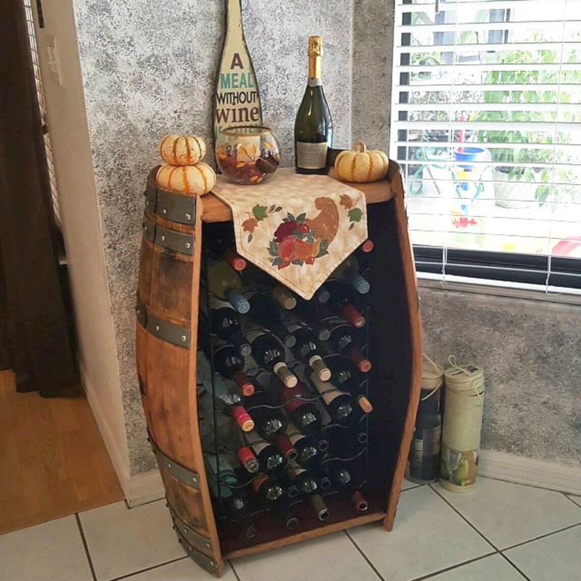32 Bottle Wine Barrel With Metal Wine Rack Etsy
