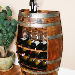 15 Bottle Oak Wine Barrel Wall cabinet Holds 15 Bottles and 4 Wine Glasses By Wine Barrel Creations