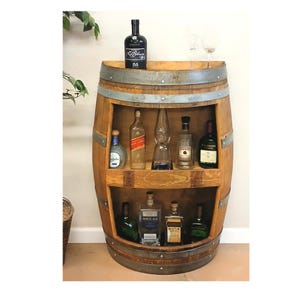 Oak Barrel Cabinet for Liquor Storage - Book shelf - Picture display or your nick-knacks - Fits Flat Against The Wall - Free Shipping!