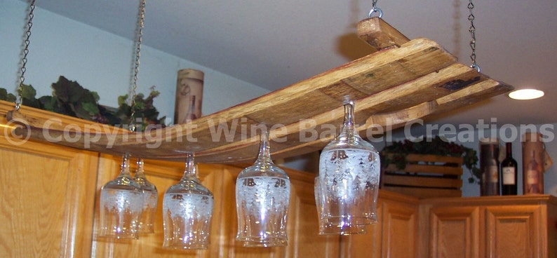 Hanging Glass Rack Stemware Rack Made From Oak Wine Barrel Staves image 1