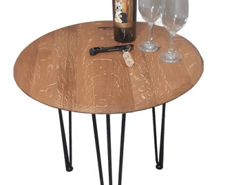 24" end table, side table w/ solid oak wine barrel head top and metal legs.  Free Shipping.